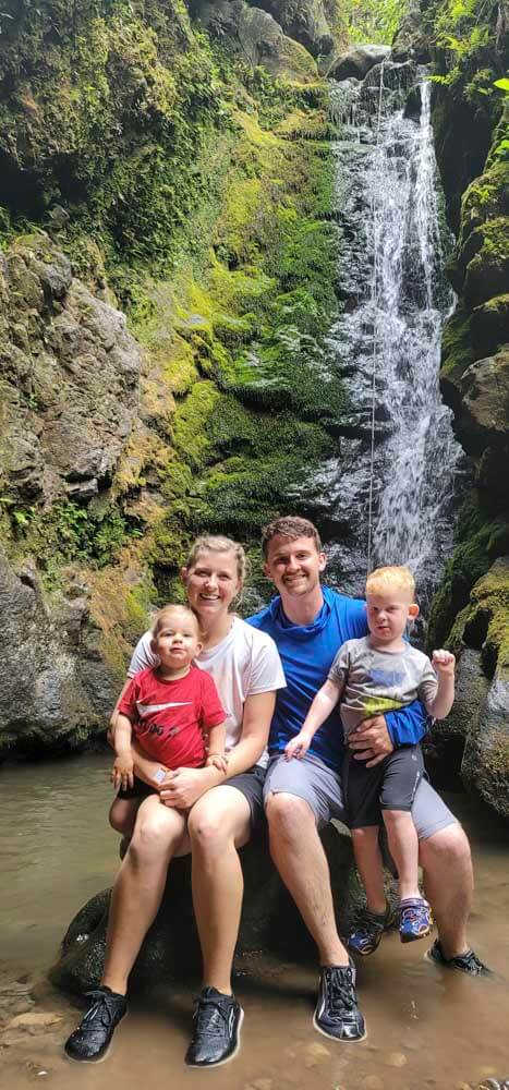 Dr. Brock Bennion of Old Betsy Dental of Keene with his family in front of a waterfall